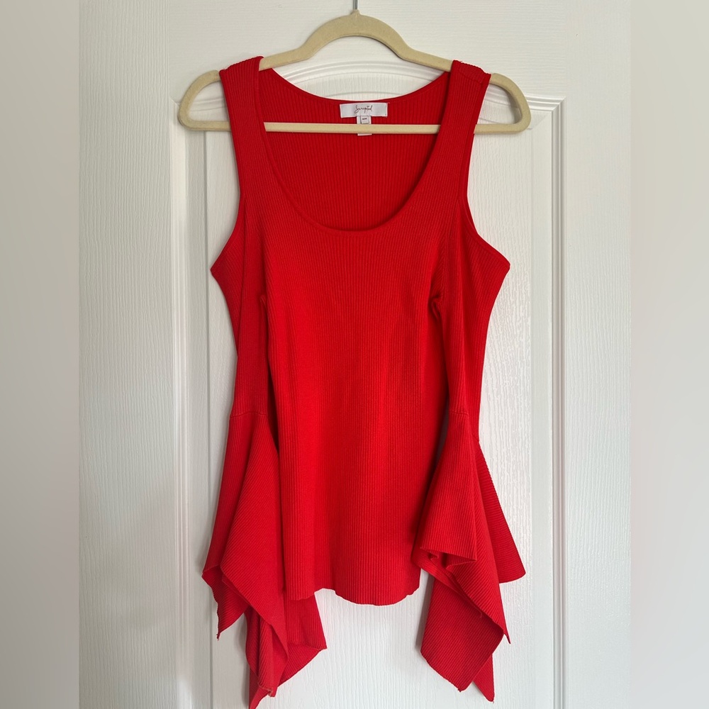 Scripted Vibrant Red Ribbed Long Sleeve Top with Exposed shoulders size M